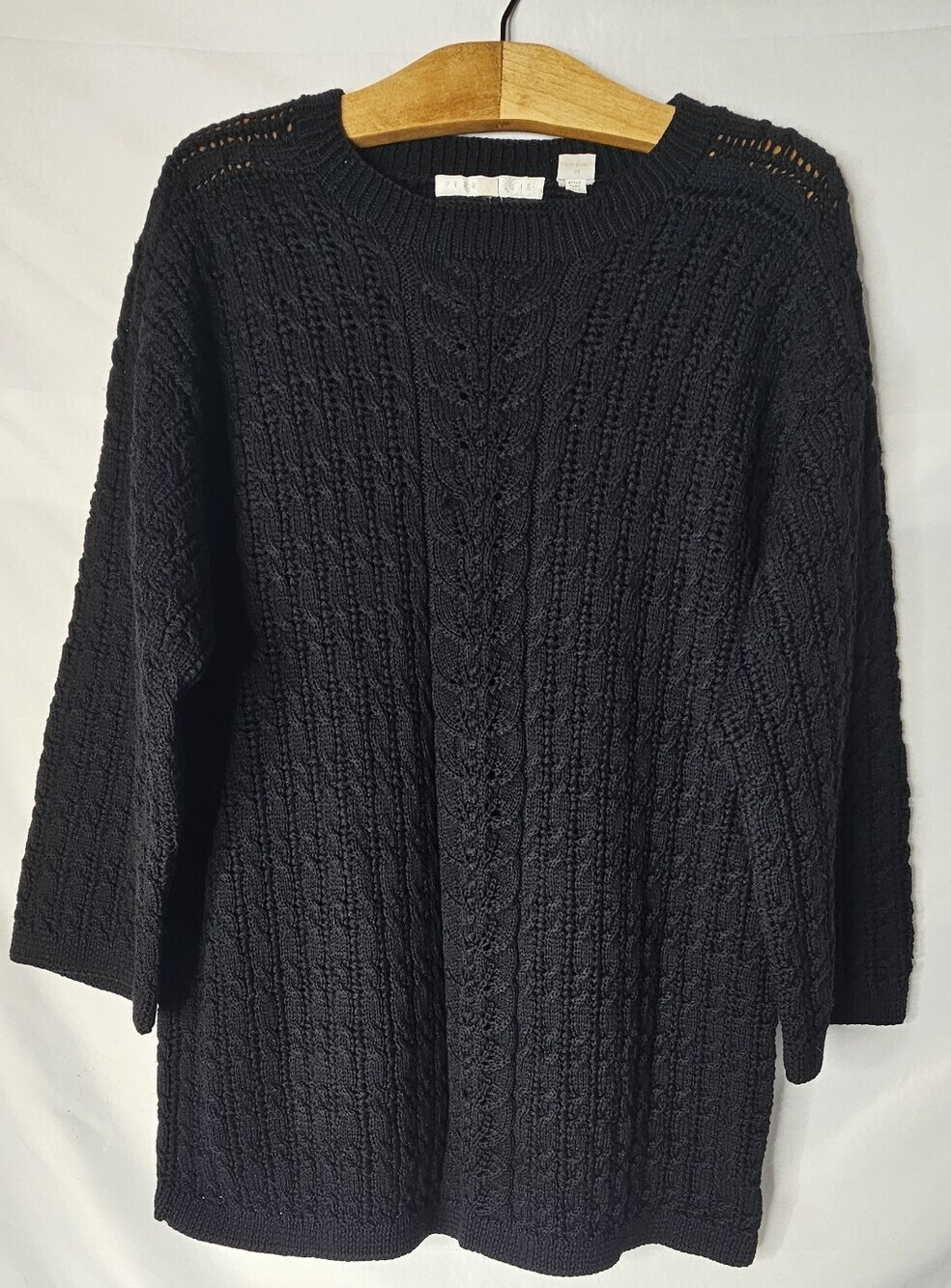 Perry Ellis Womens Large Sweater Black 100% Virgin Merino Wool Cable Knit Crew